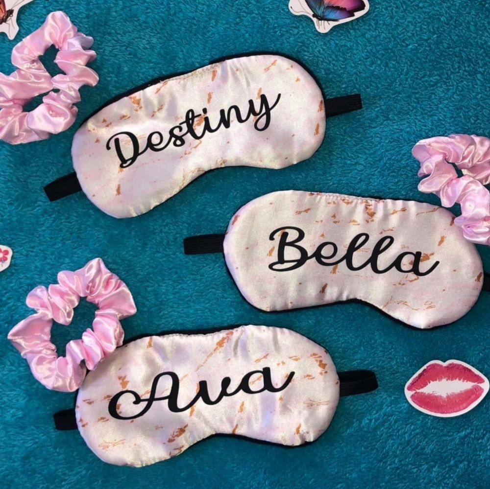 Personalized sleep mask and scrunchie set